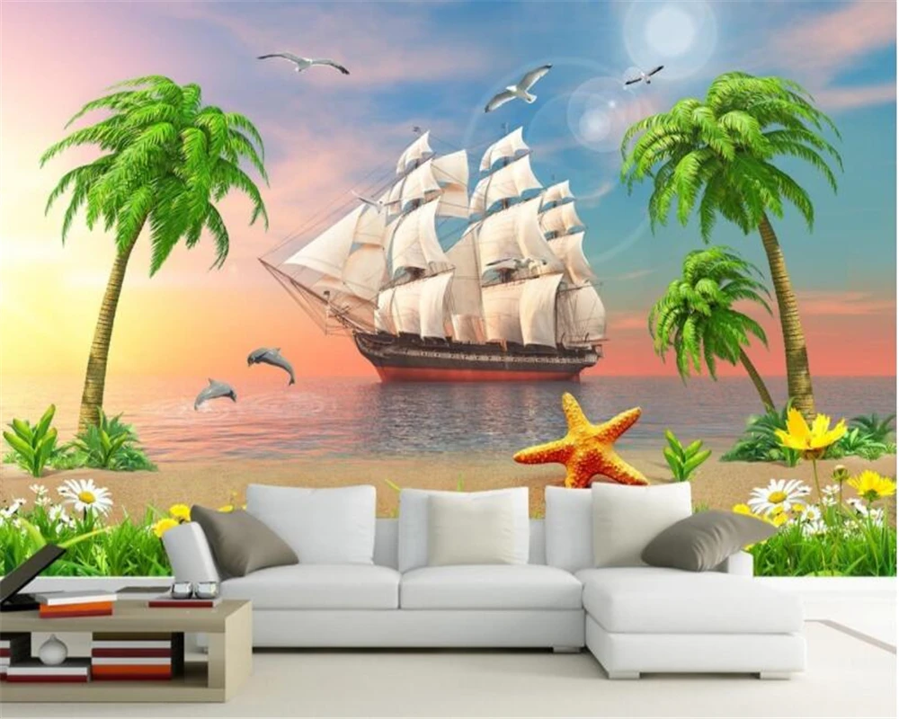 beibehang Custom High Quality Photo Mural Wallpaper Sunset Seascape Coconut Tree papel de parede 3d wallpaper tapety | Обустройство