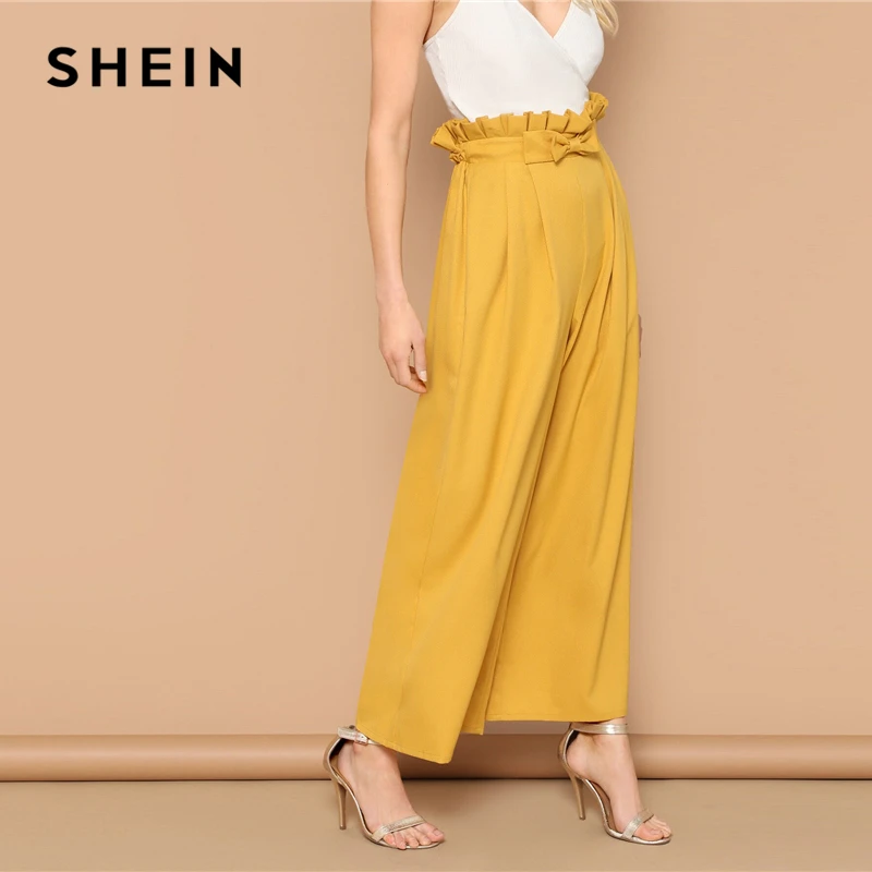 SHEIN/широкие брюки с бантиком и складкой на талии; элегантные свободные брюки с эластичной резинкой на талии; желтые брюки с высокой талией