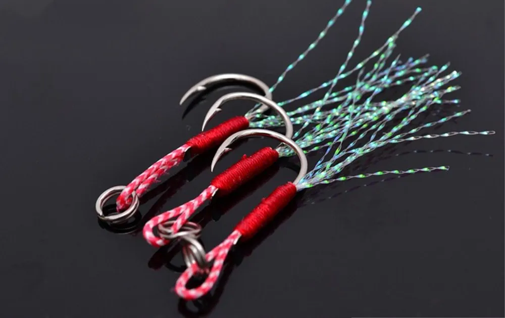 TSURINOYA 3Pcs 12# 14# 16# High Carbon Steel Single Barbed Fish Hook with Feather Jigging Assist Hook Sea Fishing Tackle Pesca