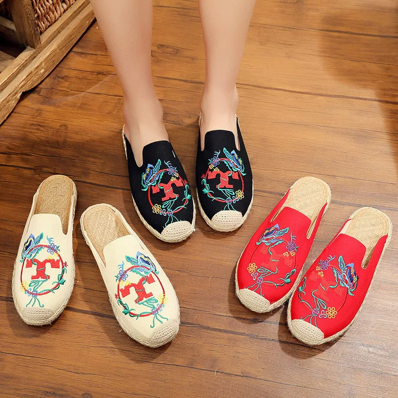 

Embroidered Slippers Women Summer New Linen Bottom Round Head Breathable Embroidery Lazy Women Shoes Hemp Travel Canvas Shoes