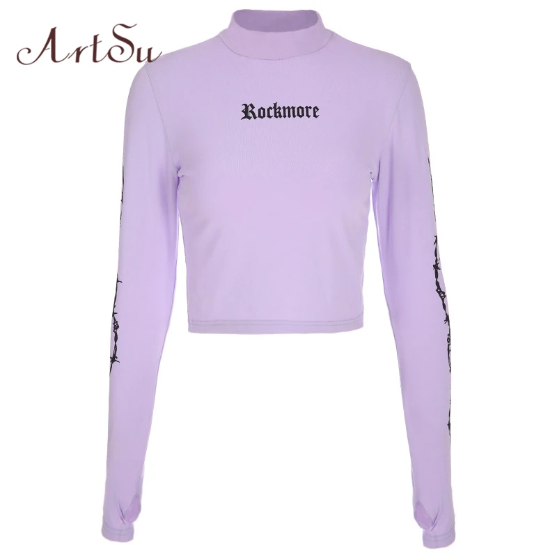 Арцу осень 2019 фиолетовый графических тройников Для женщин укороченный топ Sexy