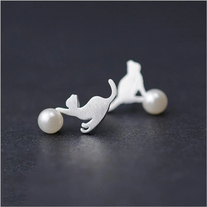 Женские серьги с жемчугом и кошкой E077 | Украшения аксессуары