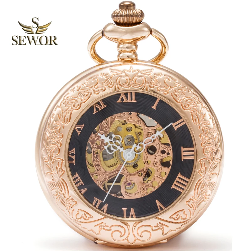 

SEWOR 2019 Топ Роскошный бренд Модные Золотые Бронзовые эмалевые Золотые римские цифры механические ручной Ветер карманные часы черный цифербл...