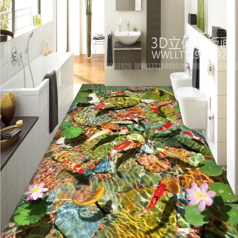 

Free Shipping Fortune head carp lotus stone 3d flooring thickened living room bedroom looby bathroom kitchen flooring mural