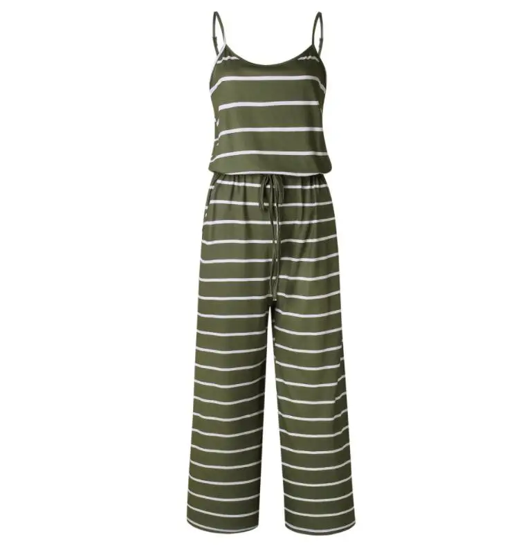 0916 GREEN STRIPE S-3XL Плюс Размер Сарафан Повседневная Весна Лето Комбинезоны Сексуальная Рукавов Плотно Талия Цветочный Печати Свободные Брюки Женские Комбинезоны Красный - Цвет: 0916 GREEN STRIPE