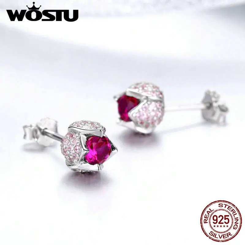 WOSTU, свадебные украшения, 925 пробы, серебро, красный цветок тюльпана, CZ, маленькие серьги-гвоздики, серебряные серьги для женщин, вечерние ювелирные изделия FNE042