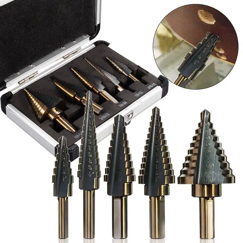 Drillpro утилита 5 шт./компл. HSS Кобальт несколько отверстий 50 размеры Шаг сверло набор с Алюминий чехол для woodwroking