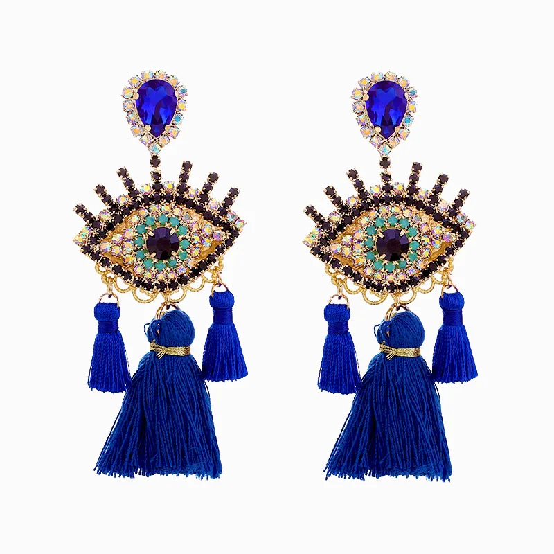 Sehuoran брендовые этнические длинные серьги с кисточками для женщин Boho Eye Beads дизайн Висячие серьги женские массивные украшения Oorbellen подарок - Окраска металла: E1133 Sapphire