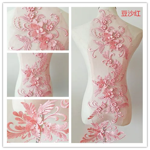 deep pink 3 шт. Золото Шампанское 3d бисера florals кружево Аппликация, тяжелый вышитый орнамент лиф, разноцветный Тюль патч - Цвет: deep pink