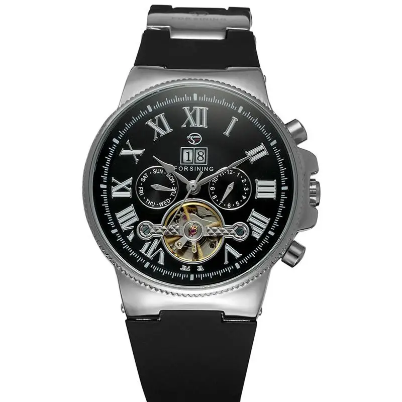 Forsining Tourbillon автоматические механические часы силиконовый ремешок чехол из розового золота римские цифры дисплей мужские часы Relogio Masculino - Цвет: Silver Black