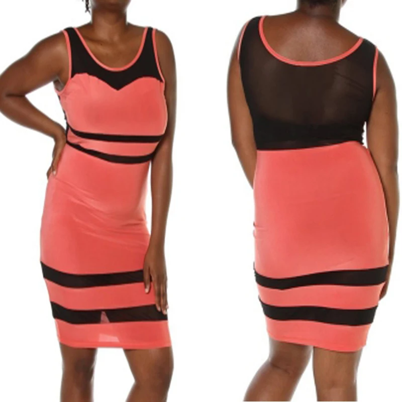 Women Summer Sexy Sheath Mini Dress For fuller figures Tank Sleeveles Patchwork Mesh Orange Party Dresses Vestidos 2XL | Женская одежда