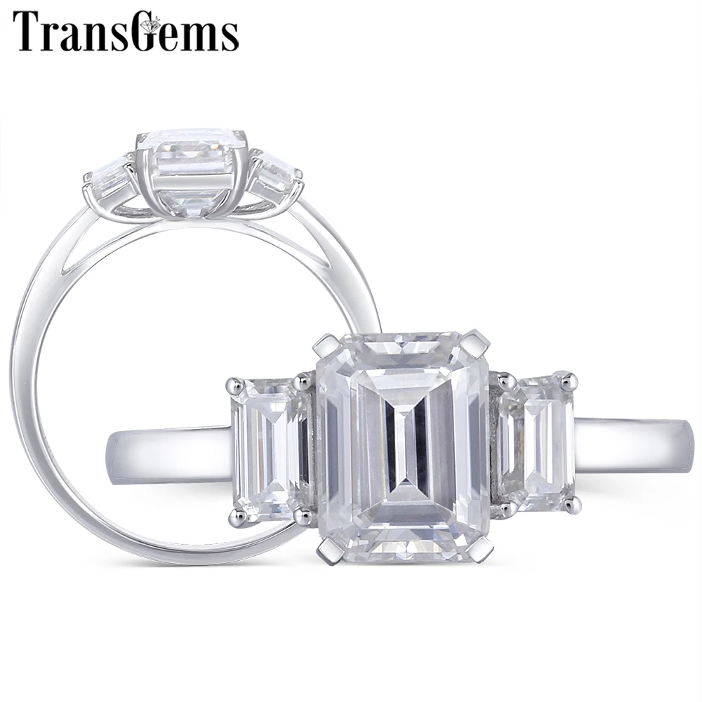 Кольцо для помолвки Transgems 18K 585 белое золото моиссанит центр 6X8mm F цвет изумруд 3