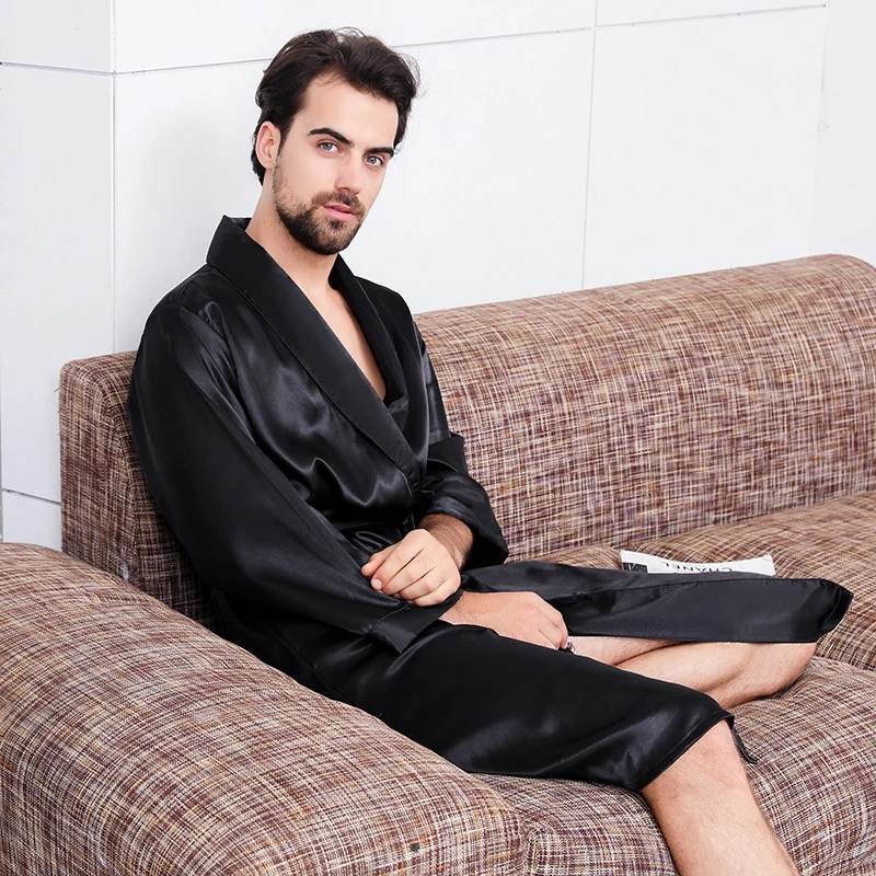 Summer Men's Faux Silk Sleepwear Robe Casual Loose Comfortable Print Kimono Robes Home Clothing Satin Nightly Bathrobes