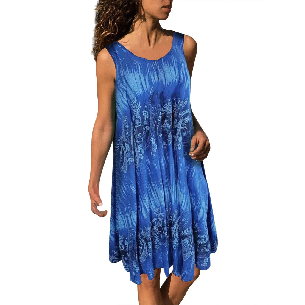 Women Summer Dress 2019 Vintage Sleeveless 3D Floral Print Bohemia Knee Length Dresses For Casual Sundress Party New | Женская одежда
