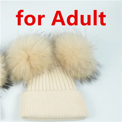 Beige for adult Кашемировая зимняя шапка для детей и женщин, шерстяные шапки для родителей и маленьких мальчиков, теплая вязаная шапка с помпоном, двойная настоящая меховая шапка с вязаным помпоном - Цвет: Beige for adult
