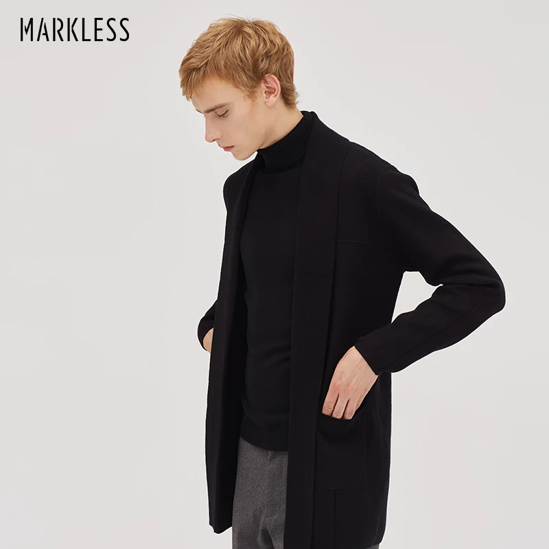 Markless длинный вязаный кардиган для мужчин Зимний толстый теплый длинный кардиган черный свитер с v-образным вырезом для мужчин sueter hombre pull homme 8710