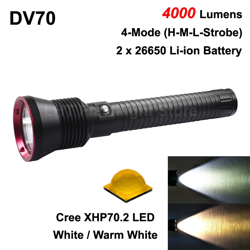 High Power DV70 Cree XHP70.2 4000 Lumens 4-Mode Diving LED Flashlight ( 2x26650 )