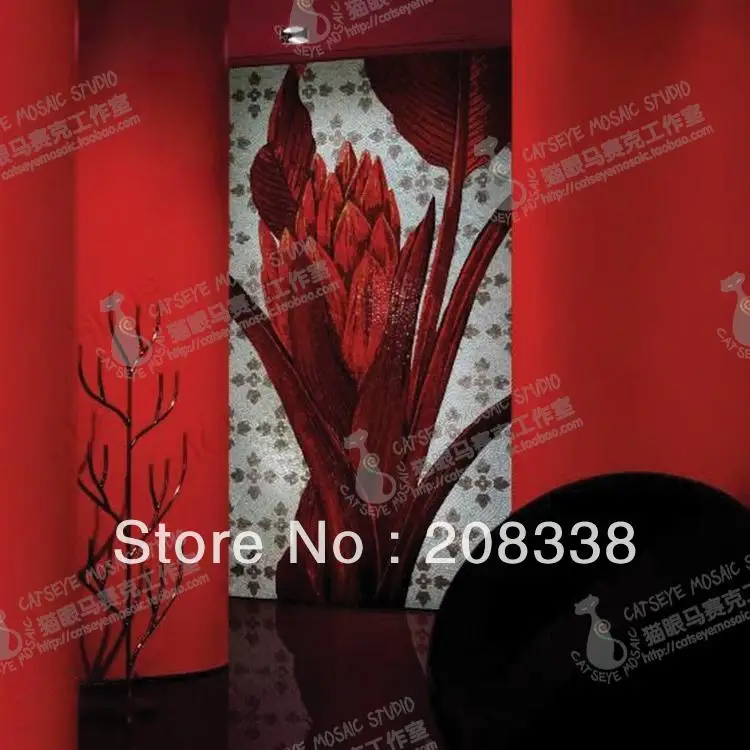 Красочная красная Цветочная стеклянная мозаичная плитка|tile murals|red flowertile mosaic mural |