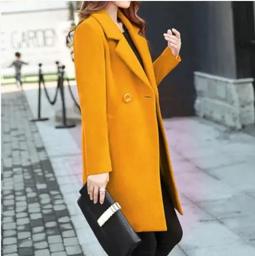 Yellow Новинка, осенне-зимнее длинное шерстяное пальто, женское тонкое пальто с отложным воротником, женские корейские черные пальто, Casaco Feminino, большие размеры, M-4XL - Цвет: Yellow