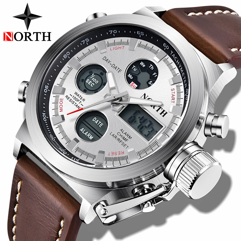 NORTH Top Luxury Brand Digital Watch Men Fashion Casual Sport Military Watches Men's Waterproof Leather Quartz Relogio | Наручные