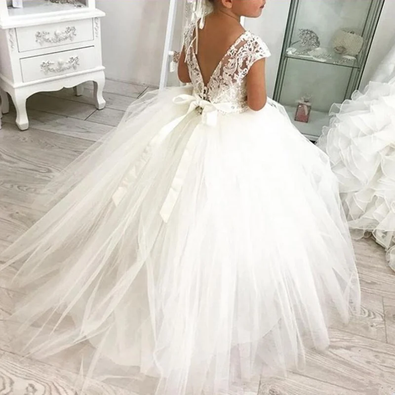 

Princess Lace Ball Gown Bling Beaded Flower Girl Dress Girls Pageant Gowns New Bow First Communion Dresses For Weddi