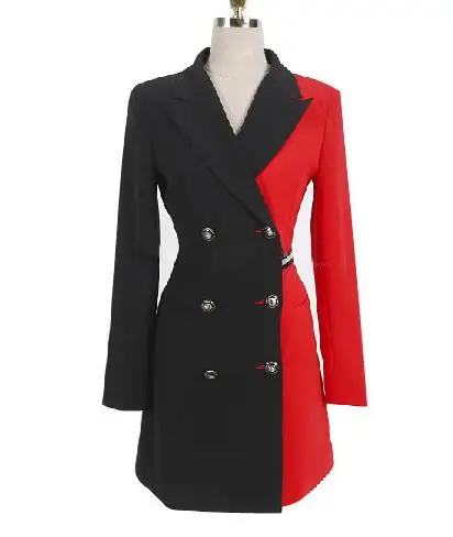black red Женское двубортное платье-карандаш, деловое осенне-зимнее черное красное лоскутное облегающее офисное платье с зубчатым воротником - Цвет: black red