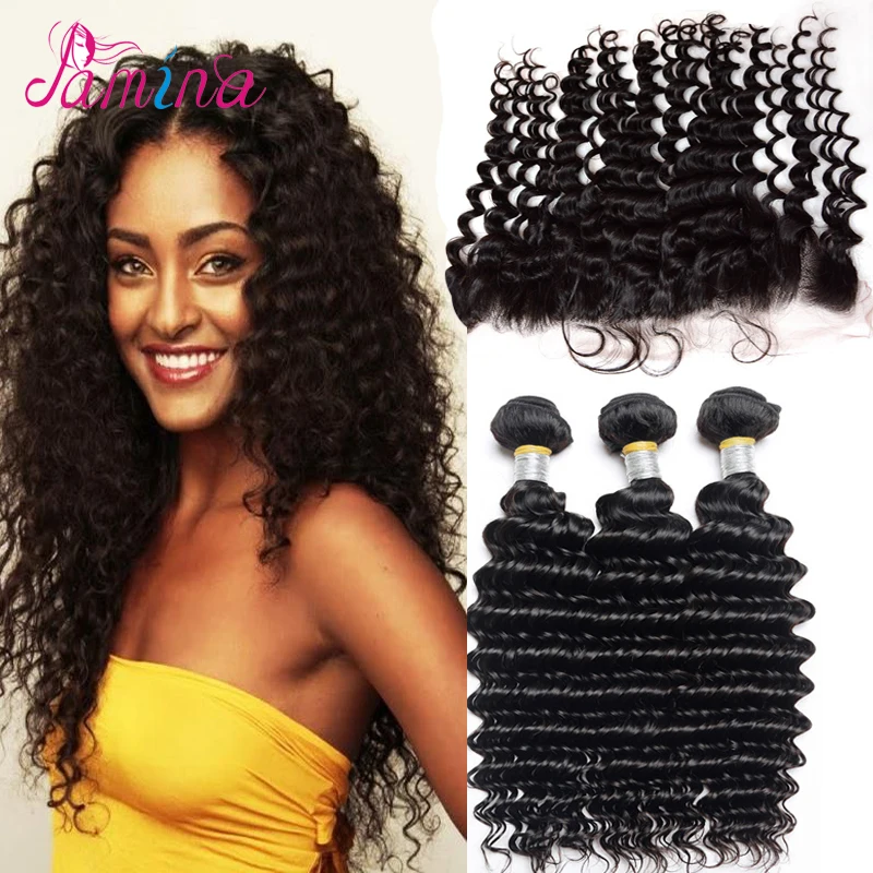 Filipino Virgin Hair With Closure Deep Wave 13x4 Ear to Lace Frontal Bundles Curly Fromtal Human |
