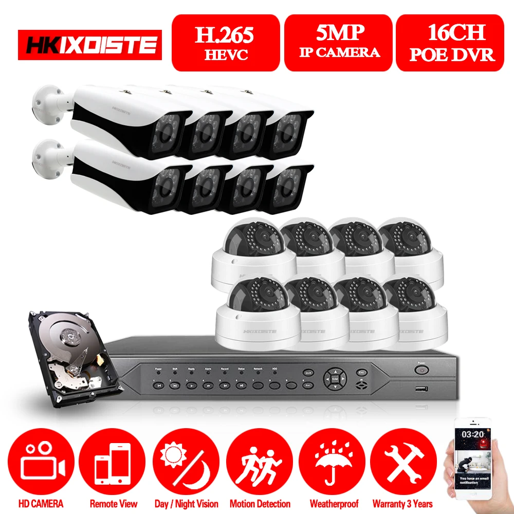 HKIXDISTE 16CH POE 5MP комплекты безопасности NVR 2MP Аудио Звук CCTV камера система купольная