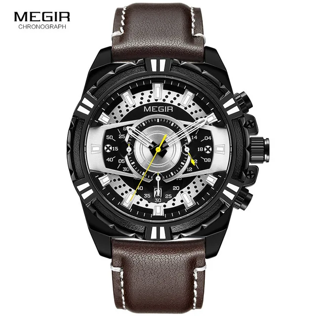 ML2080 Black MEGIR новые мужские хронограф кварцевые часы кожа военные спортивные Водонепроницаемые наручные часы Relogio Masculino 2118 синий - Цвет: ML2080 Black