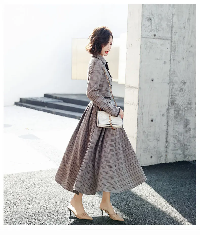 Женское клетчатое платье плотное в стиле ретро с высокой талией на пуговицах wq1946