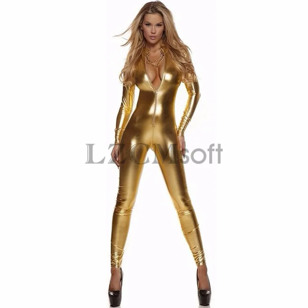 Gold LZCMsoft, женский комбинезон для всего тела, черный комбинезон, боди с длинным рукавом, лайкра, золотая молния спереди, водолазка, металлик, Zentai, боди - Цвет: Gold