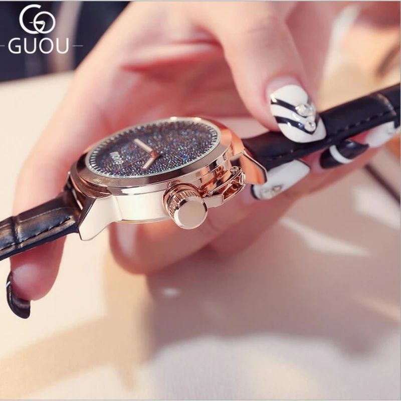 Часы наручные GUOU женские с бриллиантами Роскошные блестящие цвета розового