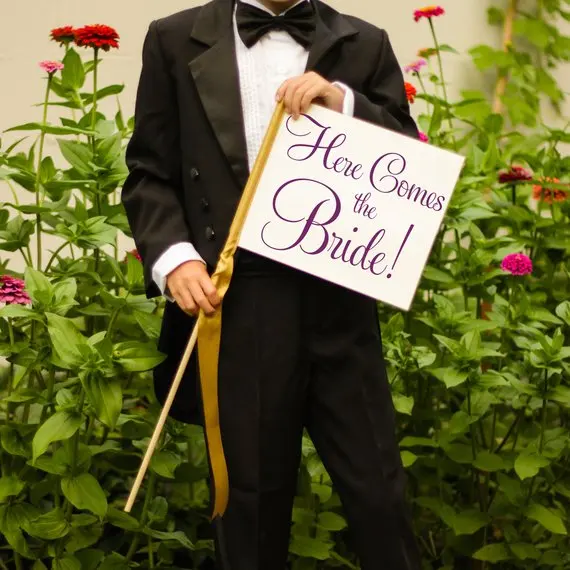 Customize Wedding here comes the bride Sign Banner flags Any Phrase, personalize flower girl Ring Bearer photo props flags
