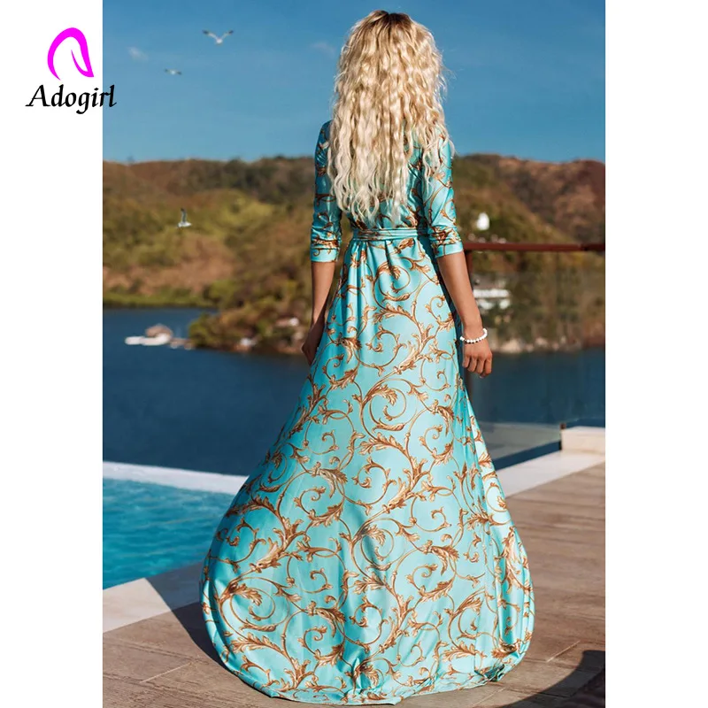 Женское винтажное платье макси в пол синее длинное с принтом пейсли глубоким