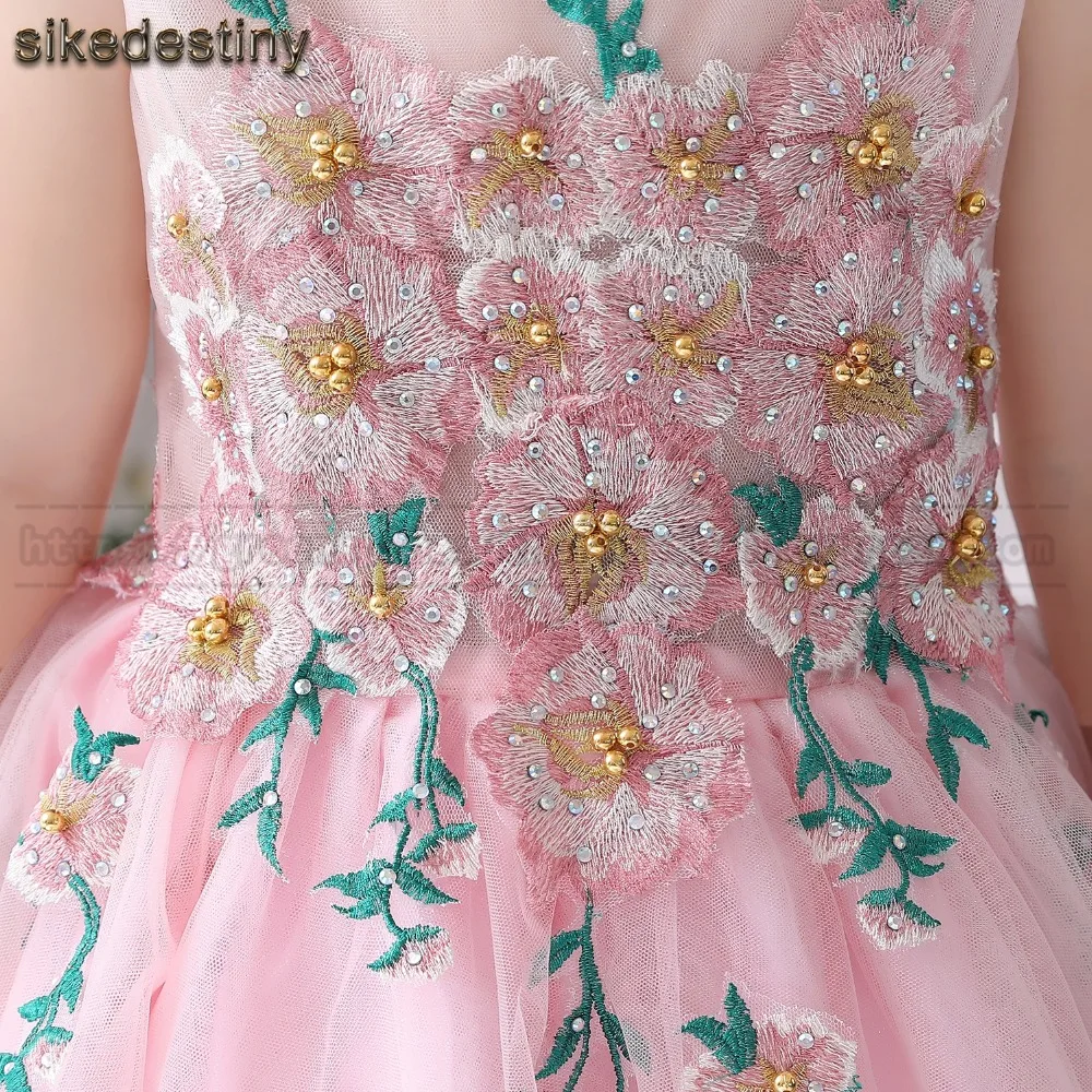 Sikedestiny розовые платья для девочек с цветочным узором Sheer Jewel шеи поясом оборками
