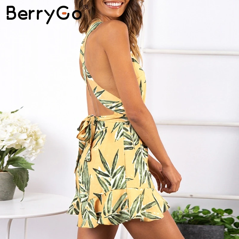 BerryGo Boho Женский Игровой костюм с v образным вырезом и принтом в виде листьев пояс