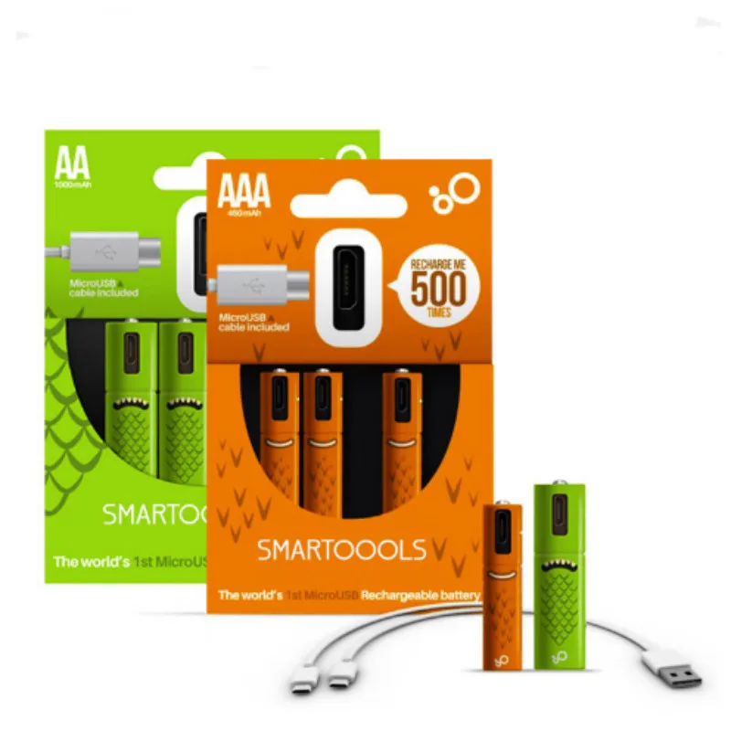 4 шт./лот 1,2 V AA/AAA аккумуляторная батарея 450mah 1000mAh Ni-MH Micro-USB перезаряжаемые батареи с 2-1 зарядной линией