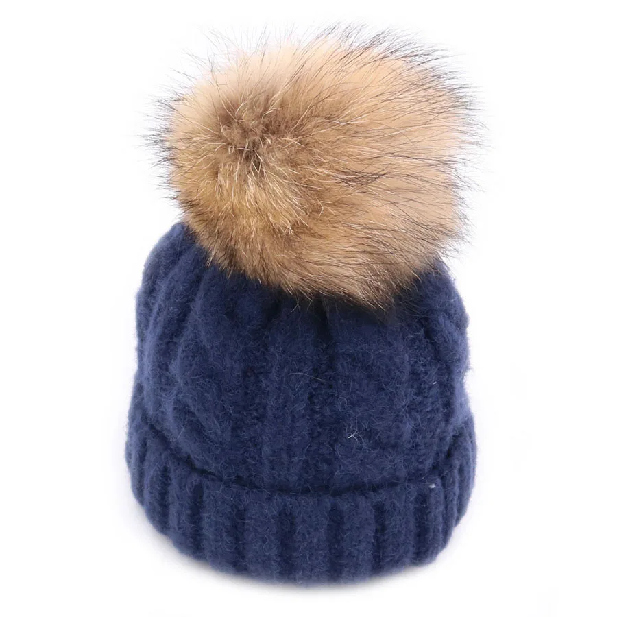 New Design Winter Kid Warm Baby Hats With Real Raccoon Fur Ball Solid Beanies 1 To 4 Years Old Children Caps 2018 Arrival | Аксессуары