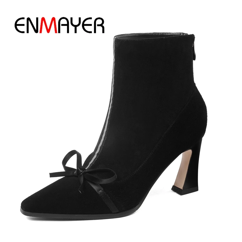 

ENMAYER Pointed Toe Basic Zip Genuine Leather Ankle Women Boots Botas Mujer Invierno Booties Size34-40 ZYL1759