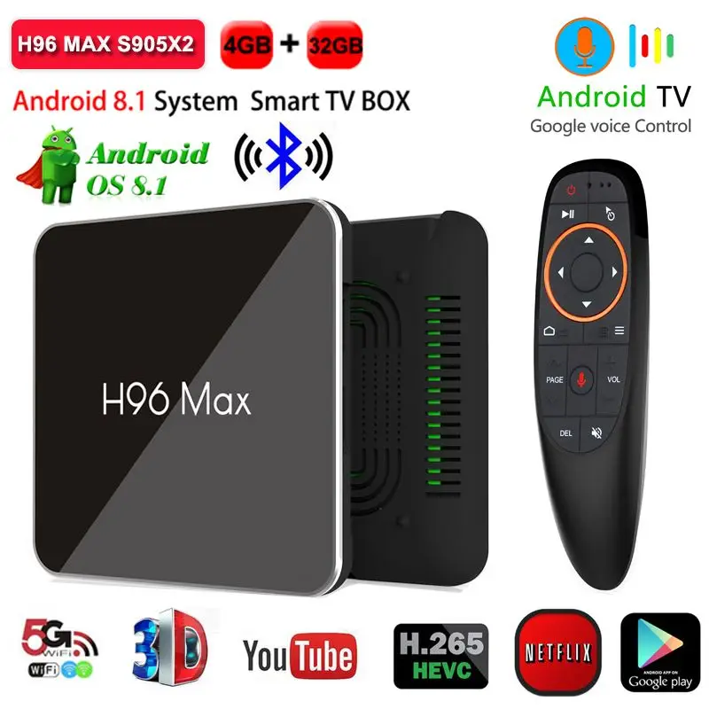 H96 Max2 Смарт ТВ Box Amlogic S905X2 4 Гб оперативной памяти 32 встроенной ядра Android 8 1 2 г/с) Wi Fi 5