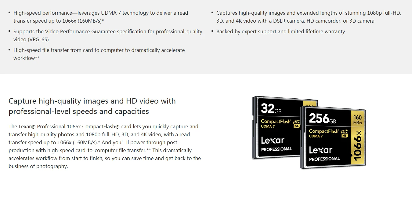 Lexar 1066X Compact Flash 160M карта памяти 32 64 128 ГБ cf-карта 256 ГБ 128 Гб 64 ГБ 32 ГБ флеш-карта памяти Carte Memoire для камеры