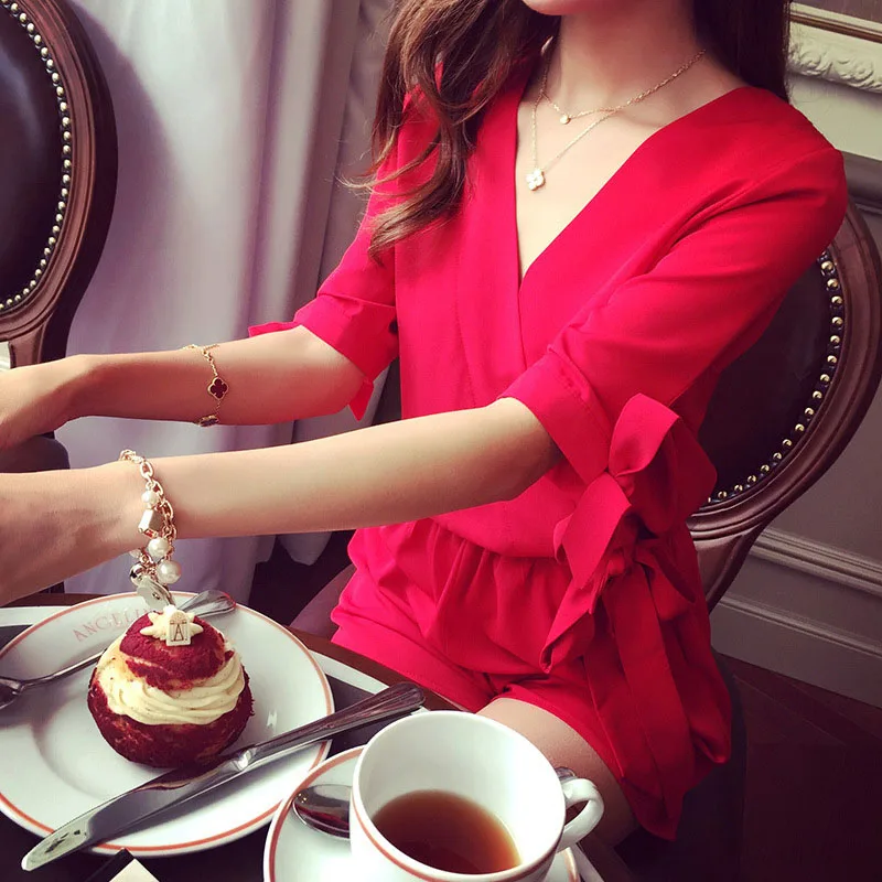 Модный женский комбинезон с V образным вырезом рубашка коротким рукавом