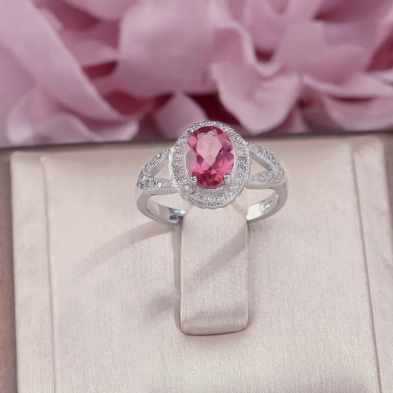 

Fine Jewelry 100% S925 Silver Rings For Women 8*6mm Topaz Natural Oval Pink Gemstone Adjustable Ring White Gold Color R-TO021