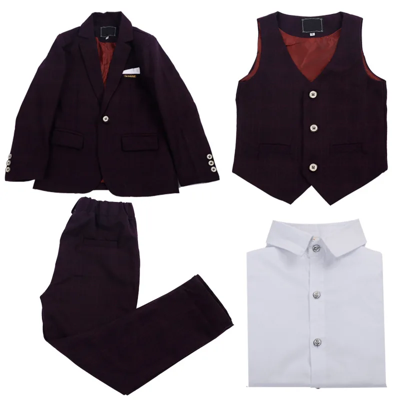 red 4pcs Формальный детский бархатный костюм; комплект одежды с цветочным узором для мальчиков; нарядное платье для выступлений на фортепиано; детский смокинг; жилет; брюки; рубашки - Цвет: red 4pcs
