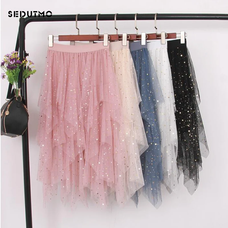 

SEDUTMO Summer Maxi Pleated Skirts Women Sequin Tutu Tulle Skirt High Waist Mesh Elastic Casual Skirt ED807