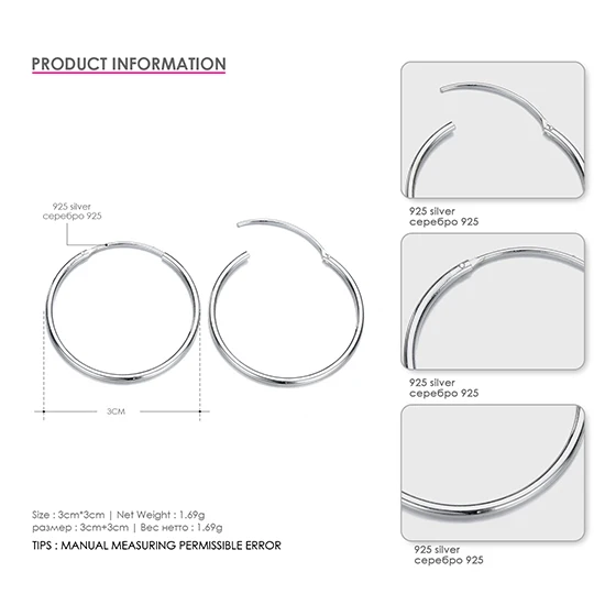 30mm Silver CC 925 Чистое серебро, серьги-кольца для женщин 15 мм-70 мм, круглые классические большие серьги в деловом стиле, простые трендовые ювелирные изделия CCE529 - Окраска металла: 30mm Silver