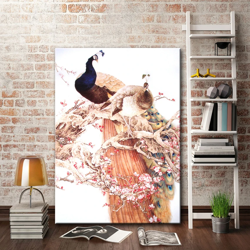 Холст в китайском стиле с классическим буксирным павлином пейзажем картина