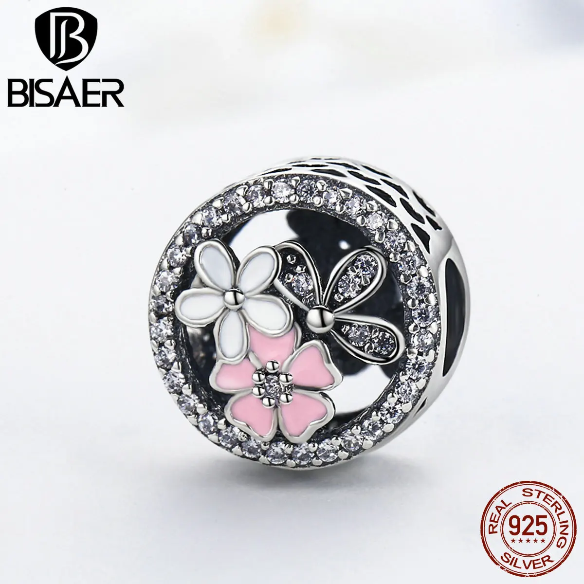 Бренд BISAER, лидер продаж, 925 пробы, серебряный, розовый цветок, поэтические цветения, Очаровательные Подвески, подходит для браслета из бисера и ожерелья EDC115
