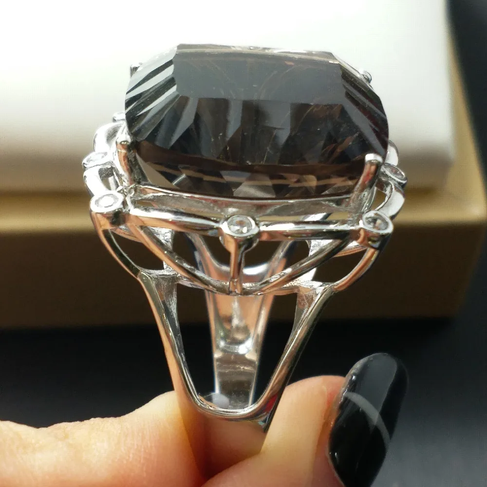 FLZB, 25.6ct большое кольцо с дымчатым кварцем натуральное серебро с покрытием из белого золота 18 К Большое модное кольцо для вечерней девушки и женщины