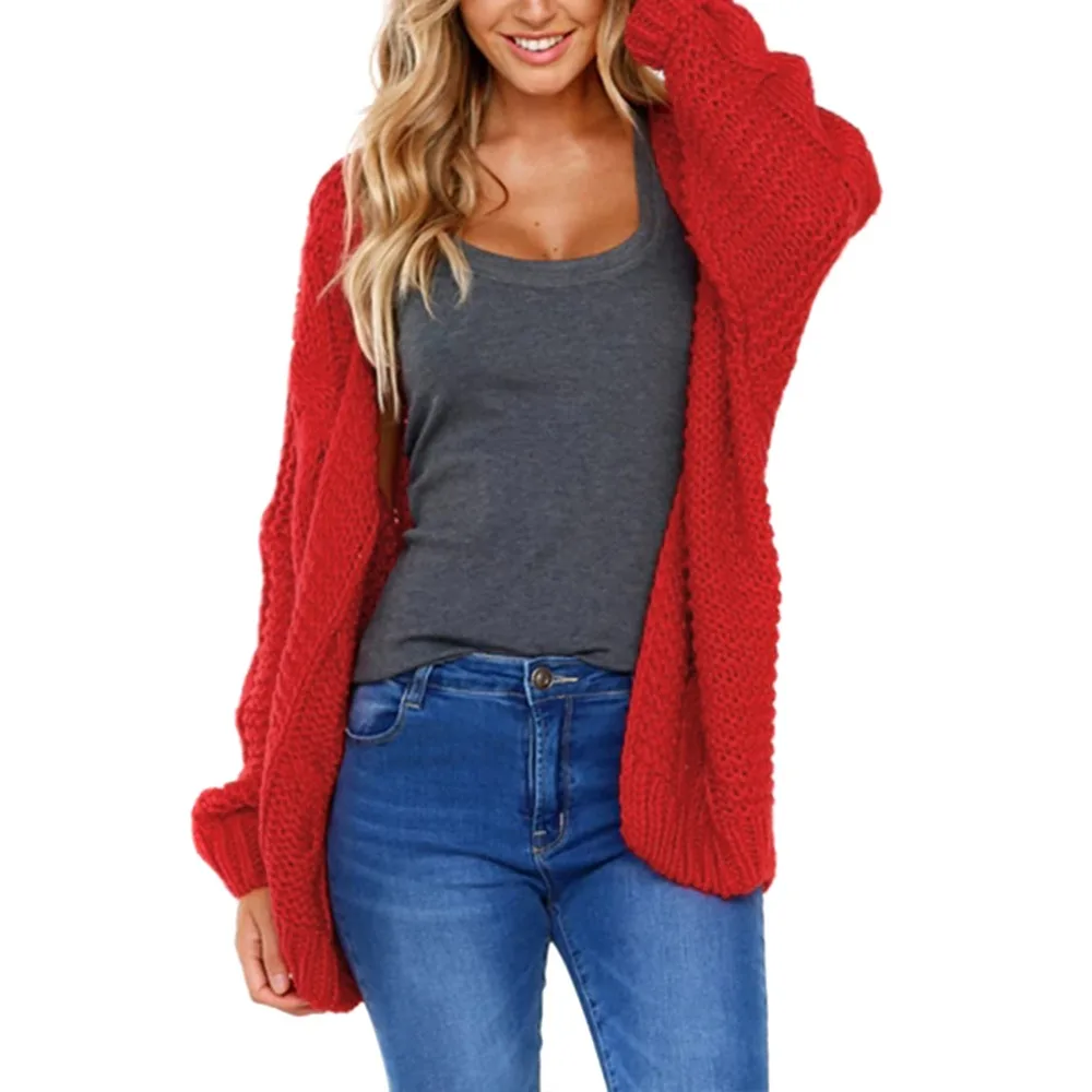 2018 Autumn Women Woolen Yarn Sweater Long Sleeve Solid Casual Pocket Knitted Plus Size Outerwear Open Stitch |